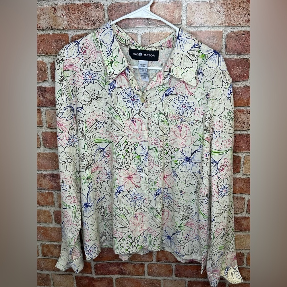 Linen blend floral long sleeve collared button down blouse size 18 NWT